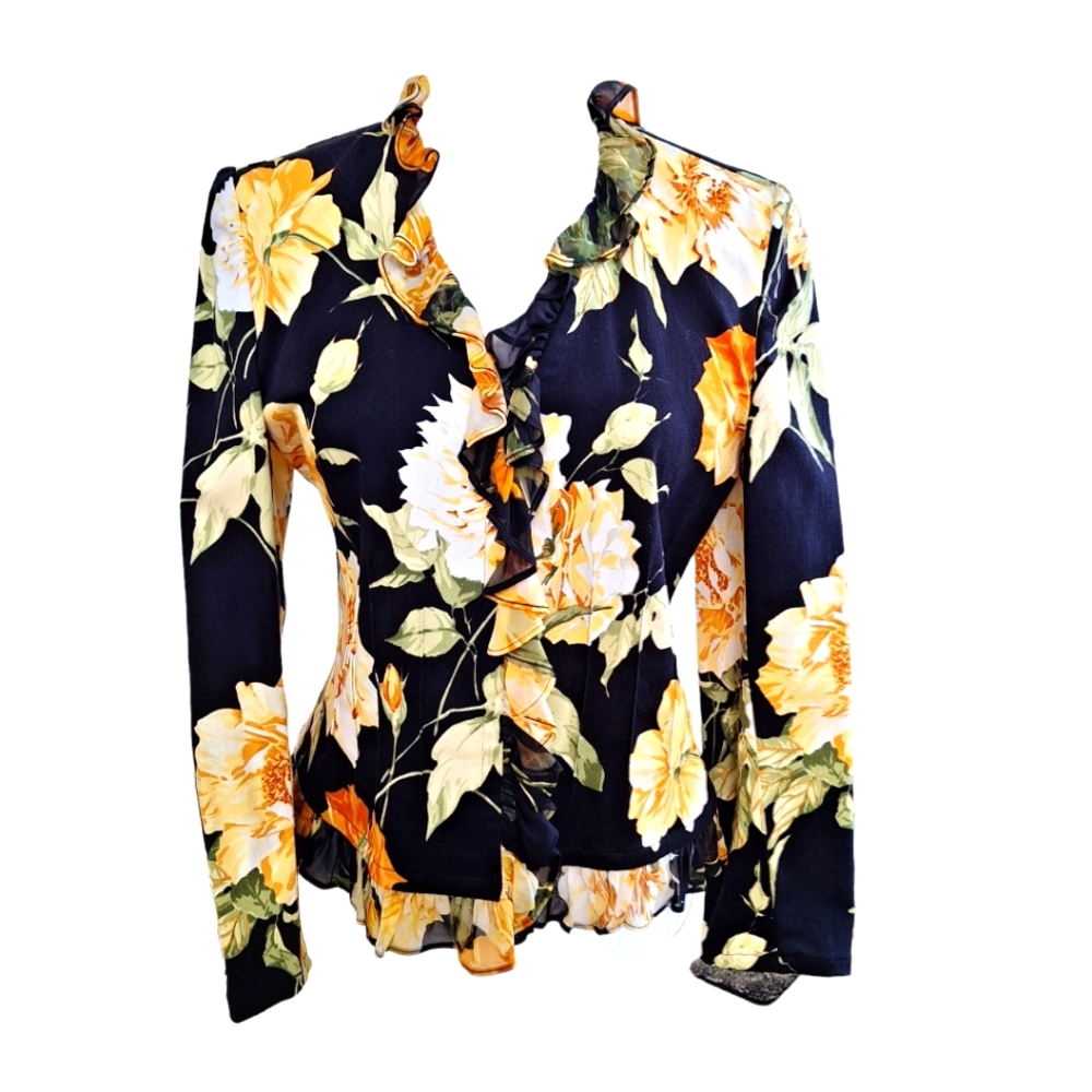 St. John Sport by Marie Gray Black Yellow Floral Ruffle Trim Blazer Jacket szS - Picture 2 of 13